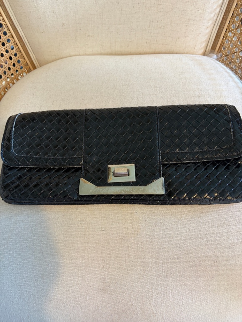 Black Woven Leather Clutch with Gold Accent